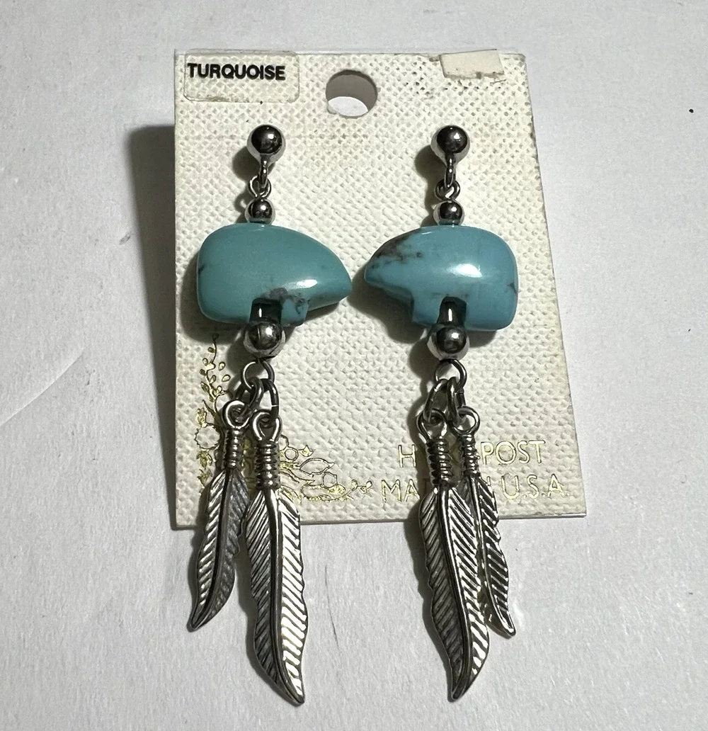 Turquoise Bear Feather Dangle Earrings Silver Tone Hypoallergenic Southwestern